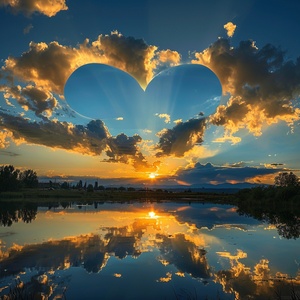 Golden tones render the whole picture, and the saturated afterglow of sunset glow illuminates the center of the sky. Clouds form a heart-shaped vacancy in the center of cumulus clouds, and the blue sky is revealed. The light and shadow of the sunset glow are also reflected on the lake, creating a beautiful scenery. The background is dominated by yellow-green clouds, which produces a refreshing visual effect. Meryl McMaster's artistic style has been displayed in his works, reaching the high-definition le