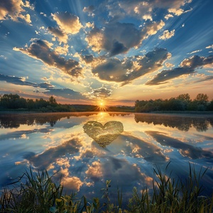 Golden tones render the whole picture, and the saturated afterglow of sunset glow illuminates the center of the sky. Clouds form a heart-shaped vacancy in the center of cumulus clouds, and the blue sky is revealed. The light and shadow of the sunset glow are also reflected on the lake, creating a beautiful scenery. The background is dominated by yellow-green clouds, which produces a refreshing visual effect. Meryl McMaster's artistic style has been displayed in his works, reaching the high-definition le