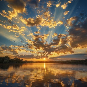 Golden tones render the whole picture, and the saturated afterglow of sunset glow illuminates the center of the sky. Clouds form a heart-shaped vacancy in the center of cumulus clouds, and the blue sky is revealed. The light and shadow of the sunset glow are also reflected on the lake, creating a beautiful scenery. The background is dominated by yellow-green clouds, which produces a refreshing visual effect. Meryl McMaster's artistic style has been displayed in his works, reaching the high-definition le