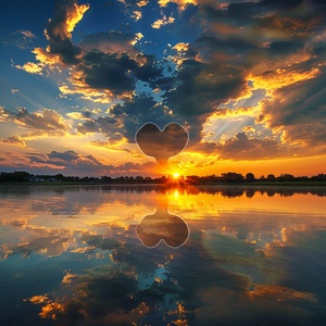 Golden tones render the whole picture, and the saturated afterglow of sunset glow illuminates the center of the sky. Clouds form a heart-shaped vacancy in the center of cumulus clouds, and the blue sky is revealed. The light and shadow of the sunset glow are also reflected on the lake, creating a beautiful scenery. The background is dominated by yellow-green clouds, which produces a refreshing visual effect. Meryl McMaster's artistic style has been displayed in his works, reaching the high-definition le