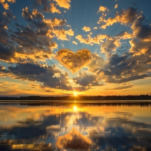 Golden tones render the whole picture, and the saturated afterglow of sunset glow illuminates the center of the sky. Clouds form a heart-shaped vacancy in the center of cumulus clouds, and the blue sky is revealed. The light and shadow of the sunset glow are also reflected on the lake, creating a beautiful scenery. The background is dominated by yellow-green clouds, which produces a refreshing visual effect. Meryl McMaster's artistic style has been displayed in his works, reaching the high-definition le