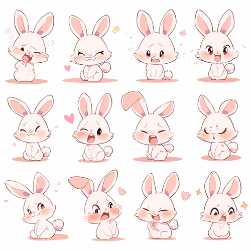 Cute Rabbit and Piggy Sticker Art: Exaggerated Expressions