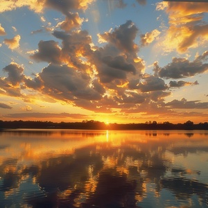 Golden tones render the whole picture, and the saturated afterglow of sunset glow illuminates the center of the sky. Clouds form a heart-shaped vacancy in the center of cumulus clouds, and the blue sky is revealed. The light and shadow of the sunset glow are also reflected on the lake, creating a beautiful scenery. The background is dominated by yellow-green clouds, which produces a refreshing visual effect. Meryl McMaster's artistic style has been displayed in his works, reaching the high-definition le