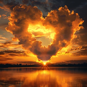 Golden tones render the whole picture, and the saturated afterglow of sunset glow illuminates the center of the sky. Clouds form a heart-shaped vacancy in the center of cumulus clouds, and the blue sky is revealed. The light and shadow of the sunset glow are also reflected on the lake, creating a beautiful scenery. The background is dominated by yellow-green clouds, which produces a refreshing visual effect. Meryl McMaster's artistic style has been displayed in his works, reaching the high-definition le