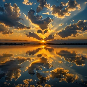 Golden tones render the whole picture, and the saturated afterglow of sunset glow illuminates the center of the sky. Clouds form a heart-shaped vacancy in the center of cumulus clouds, and the blue sky is revealed. The light and shadow of the sunset glow are also reflected on the lake, creating a beautiful scenery. The background is dominated by yellow-green clouds, which produces a refreshing visual effect. Meryl McMaster's artistic style has been displayed in his works, reaching the high-definition le