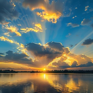 Golden tones render the whole picture, and the saturated afterglow of sunset glow illuminates the center of the sky. Clouds form a heart-shaped vacancy in the center of cumulus clouds, and the blue sky is revealed. The light and shadow of the sunset glow are also reflected on the lake, creating a beautiful scenery. The background is dominated by yellow-green clouds, which produces a refreshing visual effect. Meryl McMaster's artistic style has been displayed in his works, reaching the high-definition le