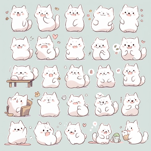 Lovely white cat,multipleposesandexpressions,exaggeratedmovements,differentemotions,whitebackground,emojiasillustrationset,withboldmangalinestyle,dynamicpose,thestyleoflinedrawingstyle,stickerartdesign,exquisitedetails,ninepalacegridlayoutstylecutes50niji5stylecute