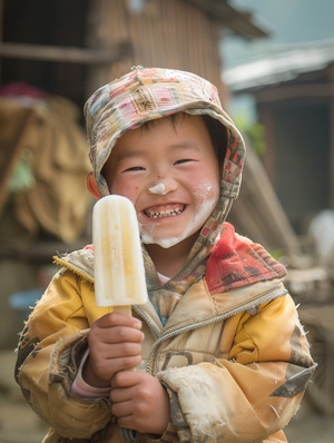 一个小孩 身着褴褛 流着鼻涕 手拿老冰棒 开心的笑着