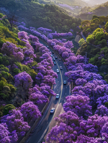 武夷山茶山峡谷，爱心形状的蓝花楹盛开