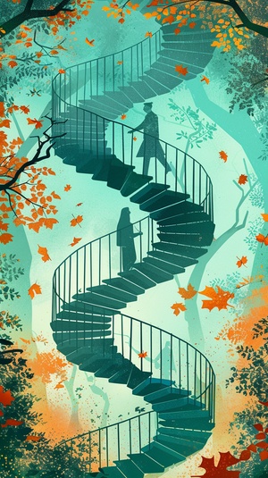 螺旋偶遇，an illustration shows two spiral staircases leading to each other in profile with trees and leaves around them. a man is walking down,an a woman is walking up one staircase holding out her hand.walking in opposite directions,chance encounter, the color palette includes light green tones, orange highlights, and soft shadows. This scene has a dreamy atmosphere, capturing both natural beauty and emotional depth. It's a serene moment that evokes warmth and nostalgia,deep light portrayal,3d renering nij