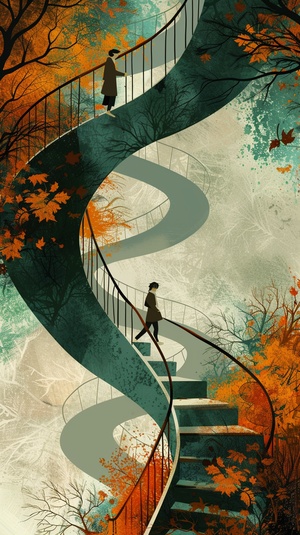 螺旋偶遇，an illustration shows two spiral staircases leading to each other in profile with trees and leaves around them. a man is walking down,an a woman is walking up one staircase holding out her hand.walking in opposite directions,chance encounter, the color palette includes light green tones, orange highlights, and soft shadows. This scene has a dreamy atmosphere, capturing both natural beauty and emotional depth. It's a serene moment that evokes warmth and nostalgia,deep light portrayal,3d renering nij