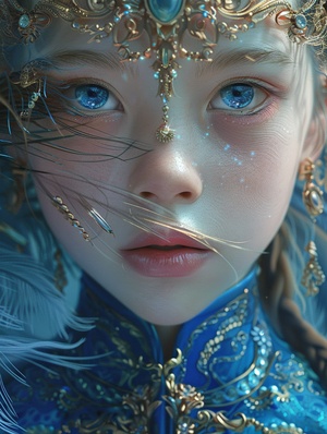 魔幻风格：女孩与鸟咒语：the girl has blue eyes and is wearing blue, in the style of life-like avian illustrations, enchanting realms, chinese iconography, light gold and light azure, richly layered, intricately sculpted, serene faces s 750