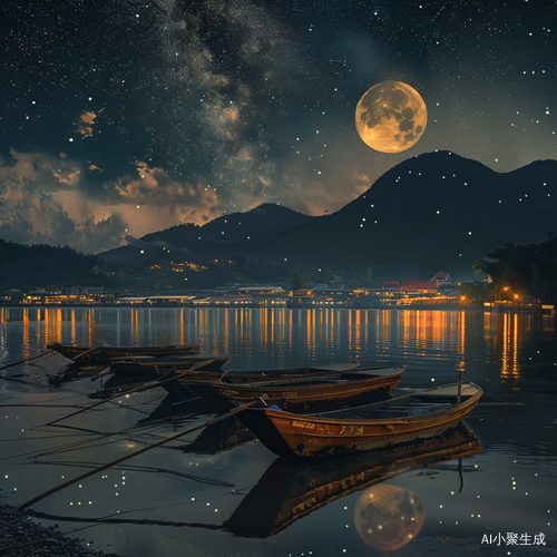 夜晚的月亮倒影与山影