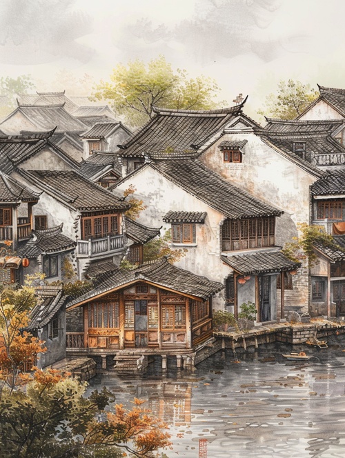 江南水乡古朴的绘画、水墨The quaint painting and ink painting of Jiangnan water town ar 3:4 v 5.2