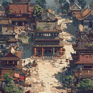 中国古代闹市场景，像素风格，2.5d俯视视角