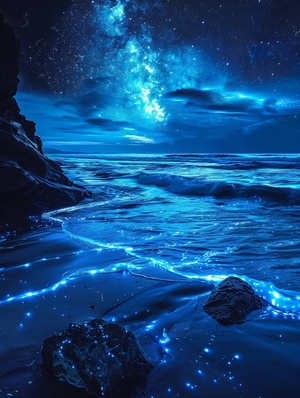 The beach is full of bioluminescent lights, the moonlight shines on them and there is no one around. It is a fantasy world with a night view featuring glowing light effects and a starry sky in the fantasy style. The waves gently hit against rocks in front of me, forming beautiful ripples under blue shimmering stars. It looks like a real photo with bright colors. ar 3:4