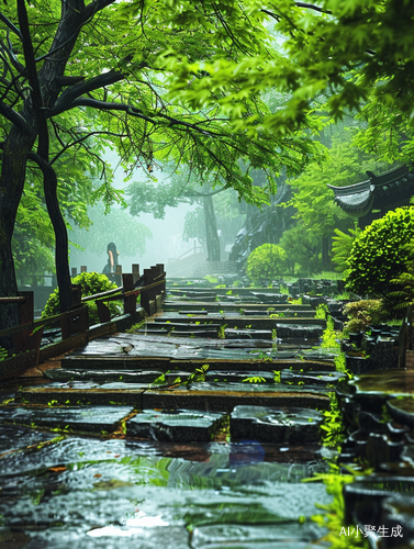 Serene Environment: Green Trees, Stones, and Wooden Bridges