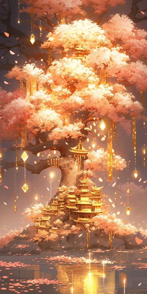 Golden wealth tree, money waterfall,golden river, dreamy landscape,peach blossom garden background,sparkling,shining brightly,Bright and colorful,dissolving and disappearing into particles,translucent fluorescent,Glow particle,Optical Flares ar 3:4 v 6.0