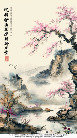 根据诗句“囯破山河在，城春草木深”画一幅插画，中国风，大师巅峰之作