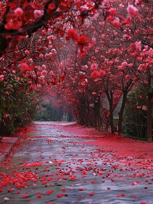 一条小路，两旁都是海棠树，海棠花开，风吹落，缓缓落下