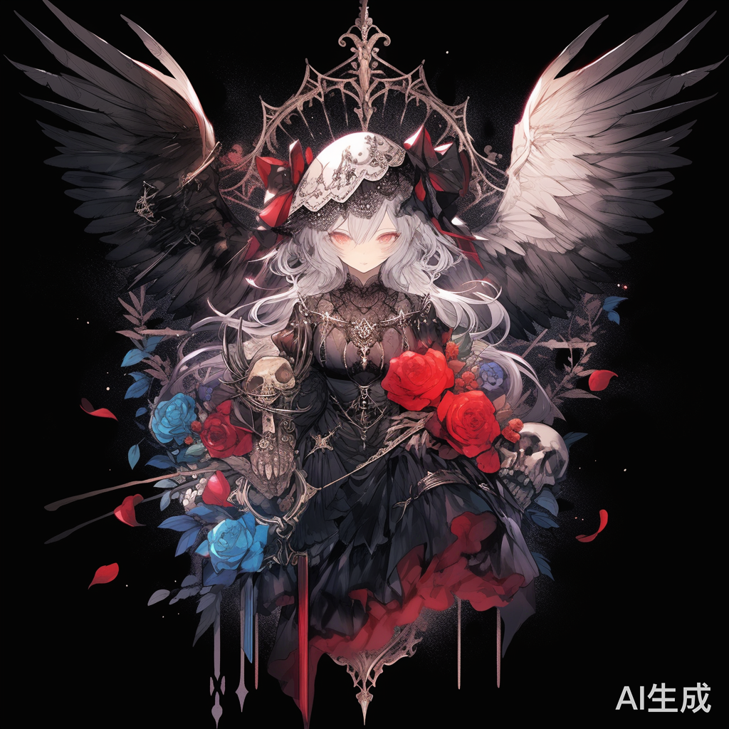 少女身后的蓝色翅膀与腐烂玫瑰