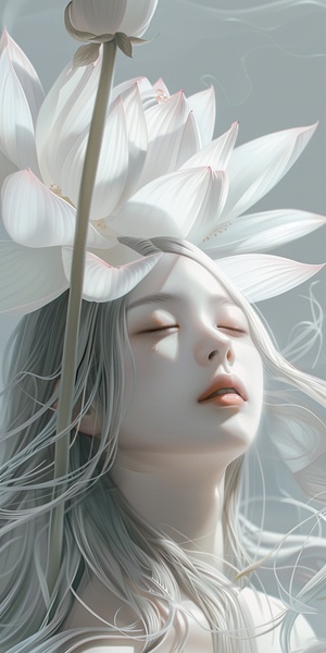 A white lotus flower, with flowing silver hair and closed eyes. The background is a light gray, creating an ethereal atmosphere. In the style of Qian Xuan's illustration art, it features a pure color scheme, anime aesthetics, soft lighting, and delicate lines