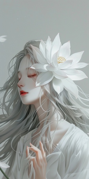 A white lotus flower, with flowing silver hair and closed eyes. The background is a light gray, creating an ethereal atmosphere. In the style of Qian Xuan's illustration art, it features a pure color scheme, anime aesthetics, soft lighting, and delicate lines