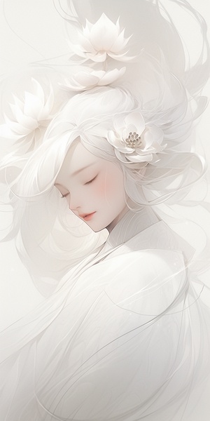 White lotus, a translucent veil of white hair floating in the air, closed eyes, a Chinese girl with long flowing silver-white wavy bangs on her head, her white and transparent body wrapped around it like mist. The background is a simple gray gradient, with an ethereal illustration style that exudes lightness. Soft tones, exquisite details, delicate lines, a white main tone, mysterious emotions, in the style of Chinese artist