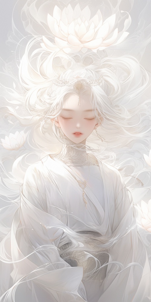 White lotus, a translucent veil of white hair floating in the air, closed eyes, a Chinese girl with long flowing silver-white wavy bangs on her head, her white and transparent body wrapped around it like mist. The background is a simple gray gradient, with an ethereal illustration style that exudes lightness. Soft tones, exquisite details, delicate lines, a white main tone, mysterious emotions, in the style of Chinese artist