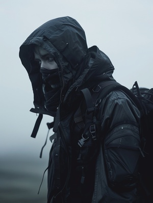 a model in the middle of steppes, Wearing sportswear &techwear inspired by 'Hamcus', 'Han Kjöbenhavn' and'Arcteryx', in the style of melancholic, fujifilm, sovietcore, fog, ultra realistic ar3:4