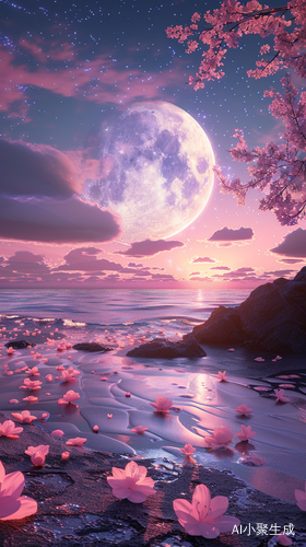 Transparent Picture with Silvery White Crescent and Milky Way Stars on Beach