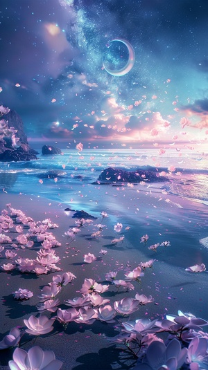 The picture is transparent, a silvery white big crescent is scattered on the beach with the Milky Way stars, there are many fuchsia and blue peaches floating on the beach, fuchsia and blue peach blossoms, many fuchsia and blue Peaches Floating on the Sea Flower, Silver, Ultra Wide, Unreal Engine, dream,smoke,HD, ar 9:16 q 5