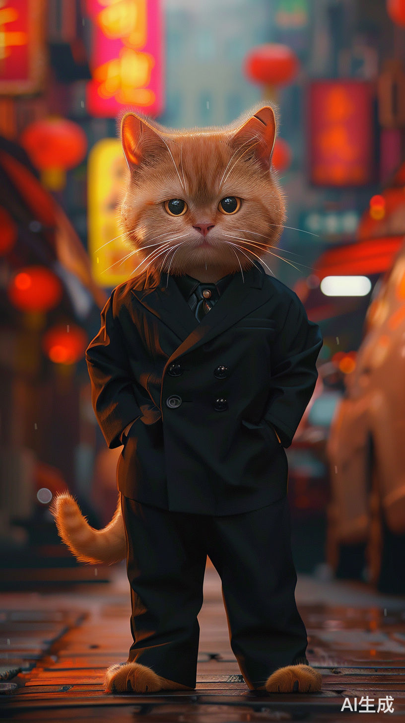 可爱橘猫穿黑西装站立于繁华街道，皮克斯写实风格高清插画