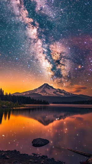 HD glossy photo, Sparks Lake , Bend Oregon, galactic sunset Milky Way, ar 9:16