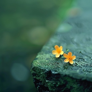 路旁青石板长出两朵无名小花，在微雨下，格外惊艳。,单一色调背景,原色,室外,夜晚,雨天,珐琅,特写,景深,微距拍摄,背景虚化,侧视图,黄金分割,明暗分明,冷光