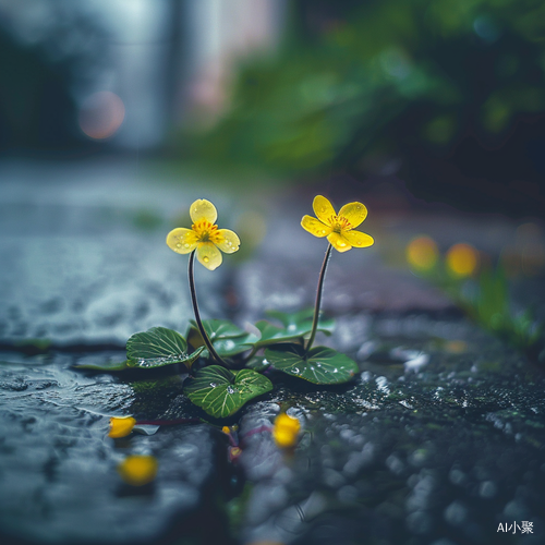 微雨下的格外惊艳，青石板间的两朵无名小花