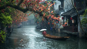 In the water town of Jiangnan, the ancient crabapple trees on the riverbank are full of colorful flowers. The houses in Jiangnan style allow people to walk along the riverbank in raincoats to work or go home. The boatman drove his small wooden boat along the flowing water. It's spring now, and the weather is rainy. Green plants and flowers have just emerged. You can also see traffic lights next to these houses. This photo was taken up close and has a high resolution, which is the style of traditional Ch