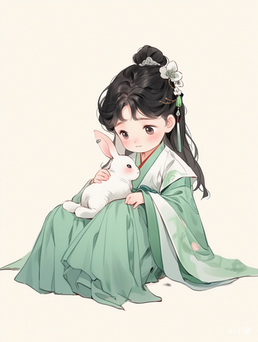 Cute Chinese-style Girl Playing with Rabbit on Simple Background