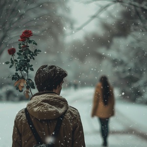 下雪天，情侣分手了，男生仰头看雪，背后拿着玫瑰花，远处女孩走远了只有背影