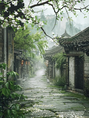 古镇竹林，古香古色的巷子，烟雨朦胧，梨花树枝头冒出新芽，绿色花骨朵，主体巷子取景，远处长廊石板路，意境优美，超真实，超清晰，惊叹的细节