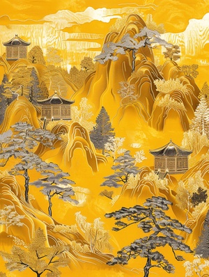 国风插画｜刺绣山水｜Chinese embroidery craft depicting gold yellow mountain pavilions and trees in the style of gilding, flowing liquid silver against a minimalist color field background, with freehand brushwork techniques capturing natural light and golden light, shown through ultrahigh definition images with detailed details in HD quality. ar 3:4#Midjourney #每日艺术分享 #浪漫生活的记录者 #生活美学 #生活中的美学灵感 #来自星星的艺术家 #艺术 #视觉艺术 #艺术设计 #生活中的美学灵感 #生活美学 #治愈系插画 #原创插画 #诗经的魅力 #传统文化 #东方美学 #国风国潮 #原创图案 #新中式 #AIGC #装饰画 #女性 #女性成长 #设计灵感 #设计 #AI画