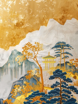 国风插画｜刺绣山水｜Chinese embroidery craft depicting gold yellow mountain pavilions and trees in the style of gilding, flowing liquid silver against a minimalist color field background, with freehand brushwork techniques capturing natural light and golden light, shown through ultrahigh definition images with detailed details in HD quality. ar 3:4#Midjourney #每日艺术分享 #浪漫生活的记录者 #生活美学 #生活中的美学灵感 #来自星星的艺术家 #艺术 #视觉艺术 #艺术设计 #生活中的美学灵感 #生活美学 #治愈系插画 #原创插画 #诗经的魅力 #传统文化 #东方美学 #国风国潮 #原创图案 #新中式 #AIGC #装饰画 #女性 #女性成长 #设计灵感 #设计 #AI画