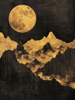 国风艺术｜金丝描边的水墨山川咒语：Moon on an old world landscape painting, Heian style, gold and black,black background， black sky, golden mountains, ultra-fine detail, detailed curtains, 19th century, high resolution, silk painting, Song Huizong, Zhao Ji, murals, texture, brushstrokes, detailed detail, golden brushstrokes, minimalism, precise nautical detail, contour line#AI插画 #我和AI有画说 #国风插画 #国潮插画 #山水画 #视觉艺术 #视觉 #艺术 #国风 #当代艺术 #搞的就是艺术 #国画 #写意国画 #装饰画 #AIGC