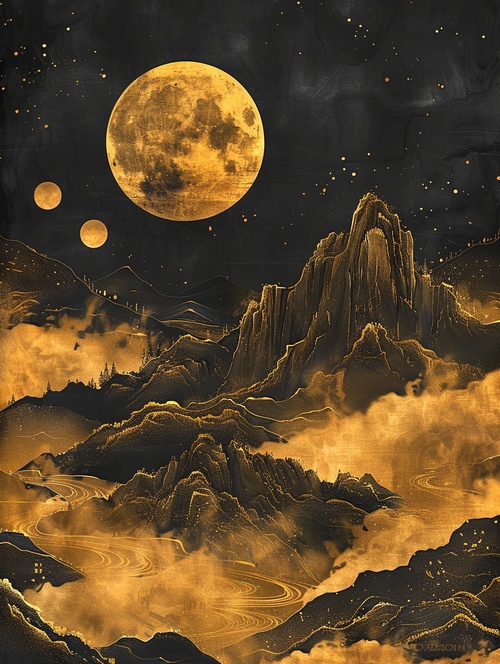 国风艺术｜金丝描边的水墨山川咒语：Moon on an old world landscape painting, Heian style, gold and black,black background， black sky, golden mountains, ultra-fine detail, detailed curtains, 19th century, high resolution, silk painting, Song Huizong, Zhao Ji, murals, texture, brushstrokes, detailed detail, golden brushstrokes, minimalism, precise nautical detail, contour line#AI插画 #我和AI有画说 #国风插画 #国潮插画 #山水画 #视觉艺术 #视觉 #艺术 #国风 #当代艺术 #搞的就是艺术 #国画 #写意国画 #装饰画 #AIGC