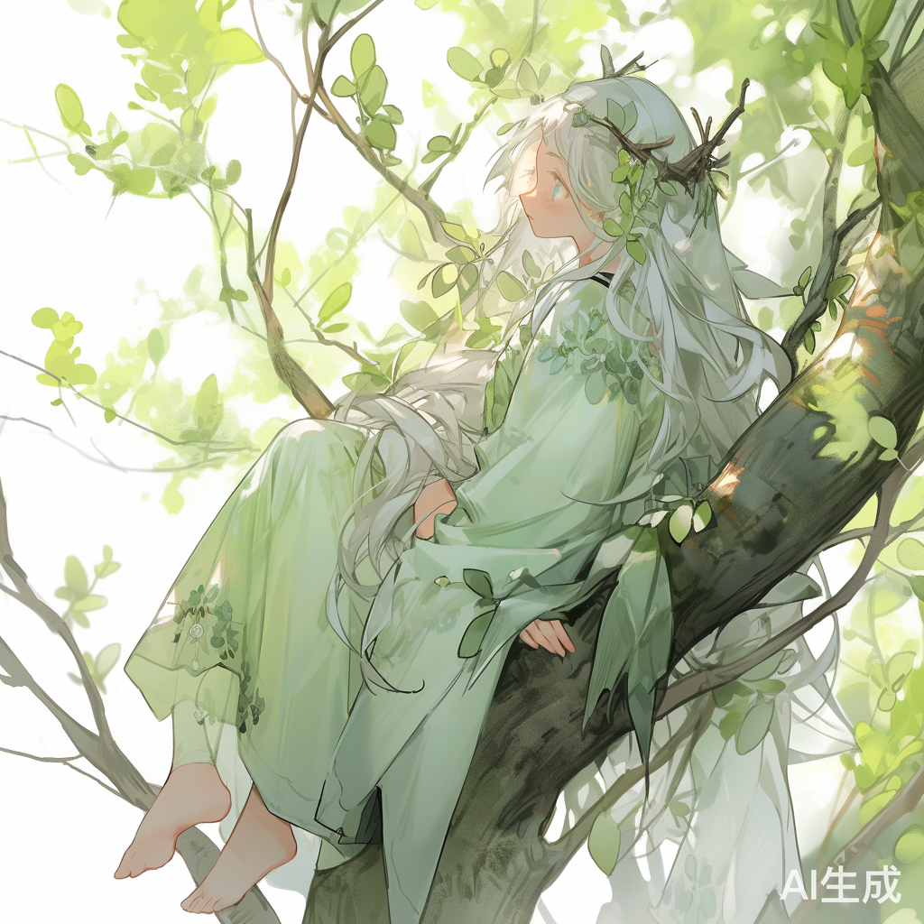 披散头发，淡绿衣裳，树枝坐姑娘
