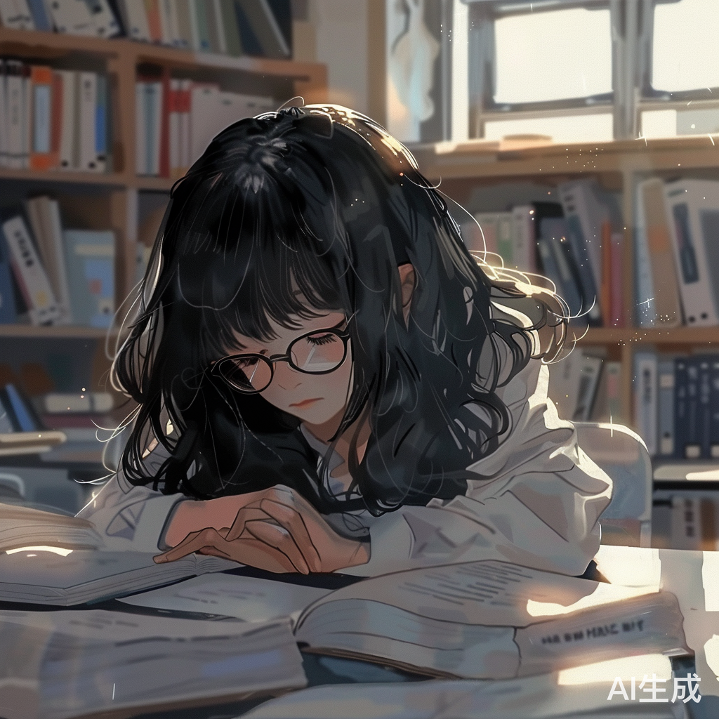 教室里可爱女生桌上的书堆