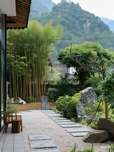 背山竹林间的花草假山温泉别墅