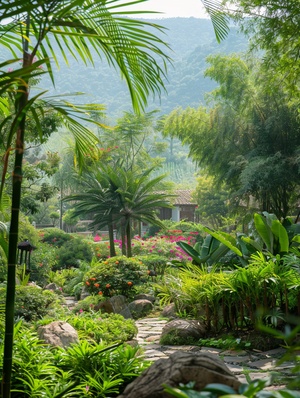 别墅院子，背靠大山，竹林绿葱葱的，院子里有假山温泉，各种花草绿植