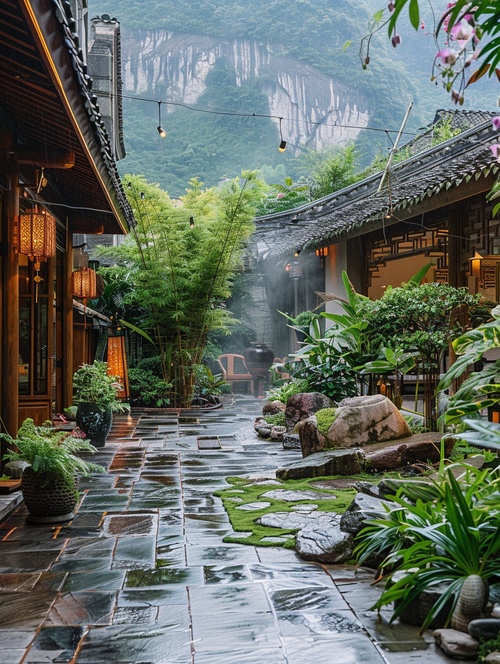 豪华别墅院子，背靠大山，竹林绿葱葱的，院子里有假山温泉，各种花草绿植