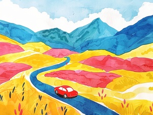 spring day,watercolor details illillustration painting,a red car was driving along the winding road,through the yellow desert,white clouds,mountain far away,Henry Matisse's lithograph,storybook illustration,cinematic shot,Aerial view,ultrafine detail